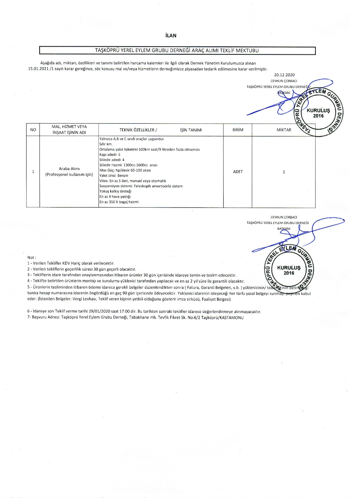 Taşköprü YEG Derneği Teklif
